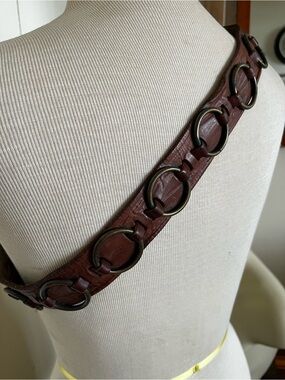 Vintage Leather Belt with Brass Ring Adornment and Buckle Size 38